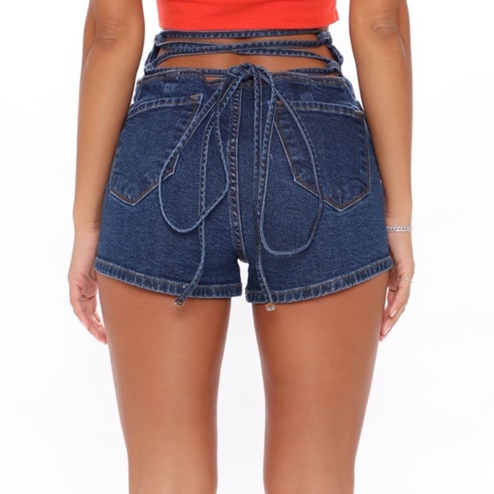 Fashion Nova Tie Em’ On Up Denim Shorts - Medium Blue Wash